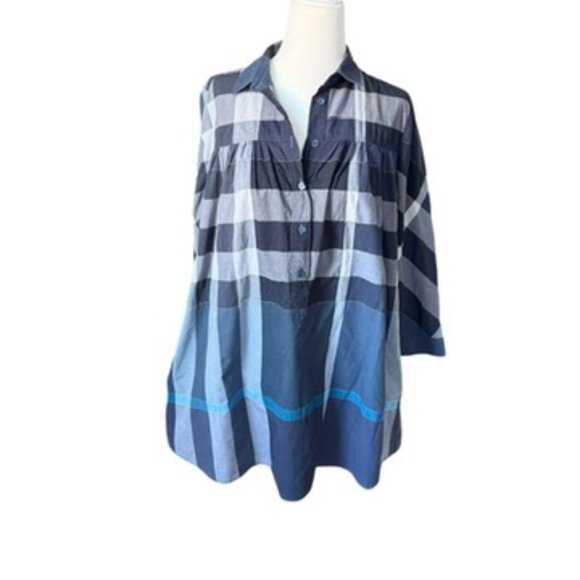 Burberry Brit Womens Cotton Checkered Print Button-Up Blouse Blue Size S Tunic - Picture 4 of 16